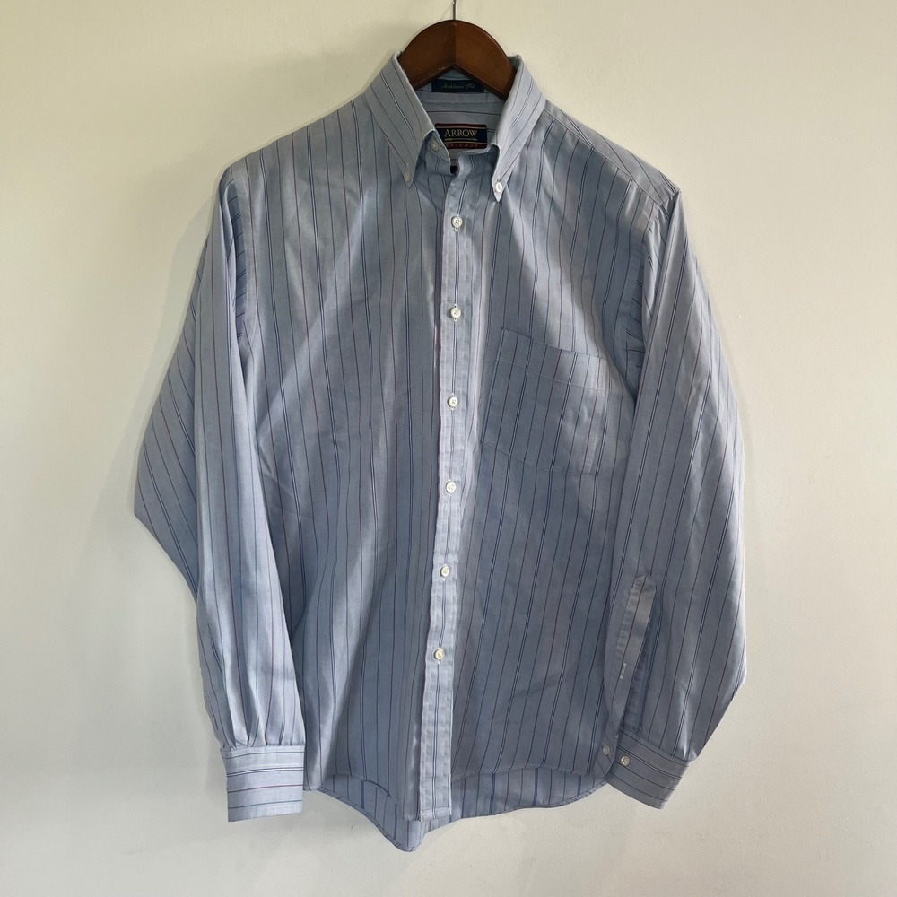 Arrow Brigade Mens Athletic Fit Striped Button Down Shirt Blue 15 32/33 USA Made